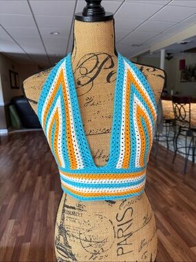 Double Zero size Large crochet knit halter top blue white and orange